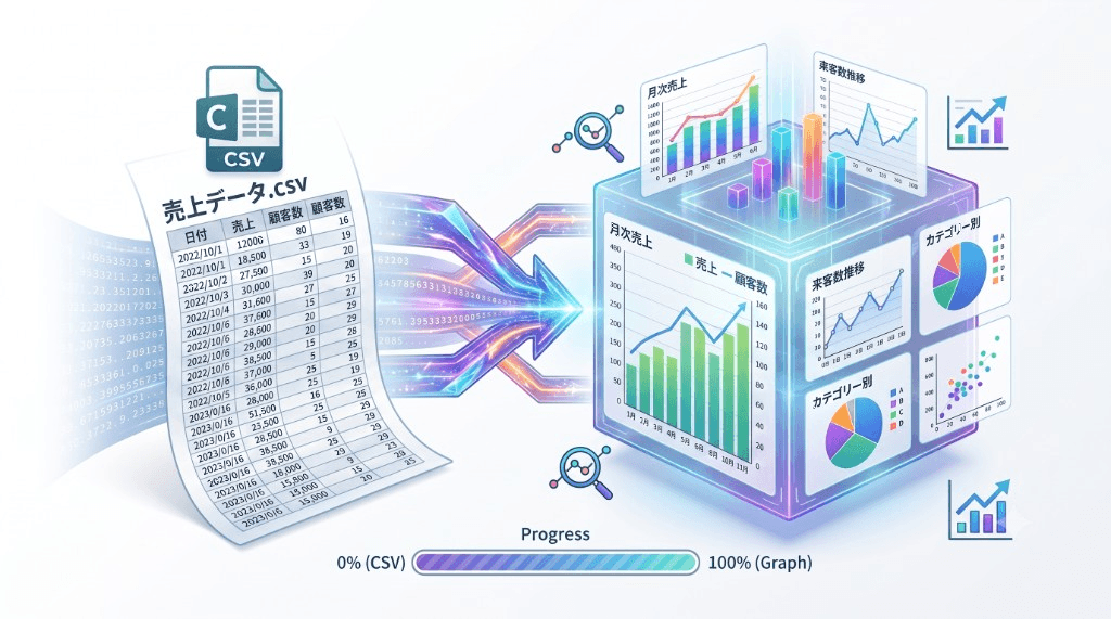 CSVデータを読み込み、各種グラフに変換するCSV Chart Makerのイメージ図