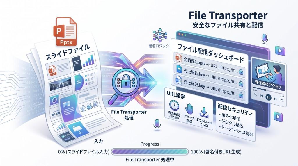 ファイルを安全にアップロードし、署名付きURLで配信する File Transporter のイメージ図